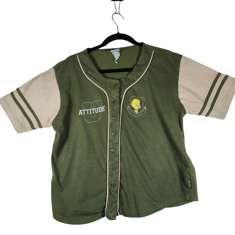 Vintage Looney Tunes Tweety Bird Attitude Baseball Jersey Women Olive Green Tan - Picture 1 of 9